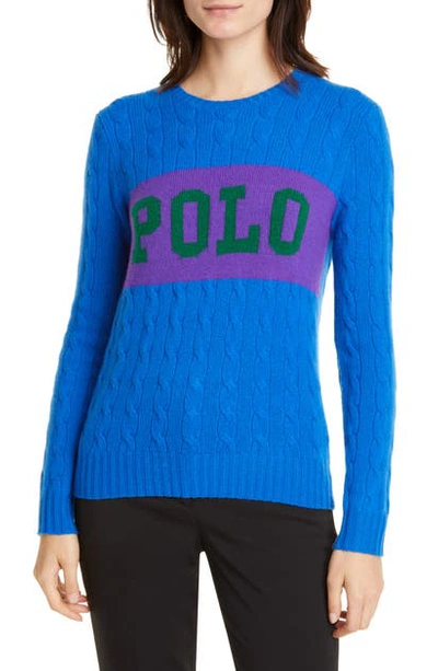 Shop Polo Ralph Lauren Cable Logo Colorblock Wool & Cashmere Sweater In Blue