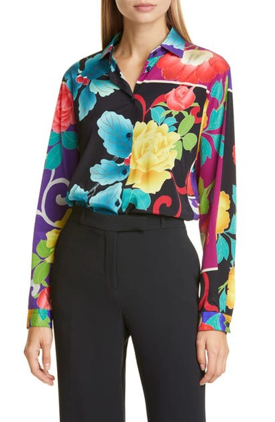 Shop Etro Floral Patchwork Print Stretch Silk Blouse In Purple