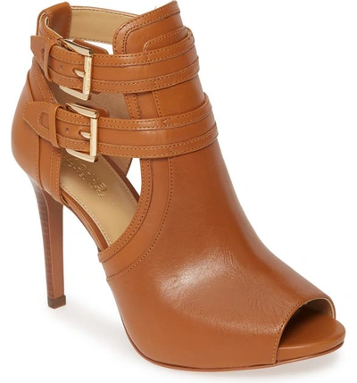 Shop Michael Michael Kors Blaze Peep Toe Buckle Bootie In Acorn Vachetta Leather