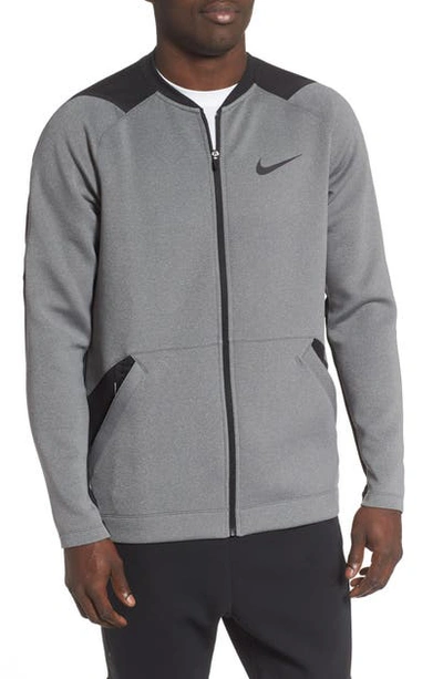 Shop Nike Pro Dri-fit Zip Fleece Jacket In Charcoal Heather/ Black