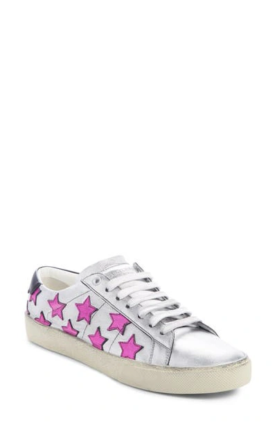 Shop Saint Laurent Court Classic Star Metallic Sneaker In Metallic Silver/ Fushia