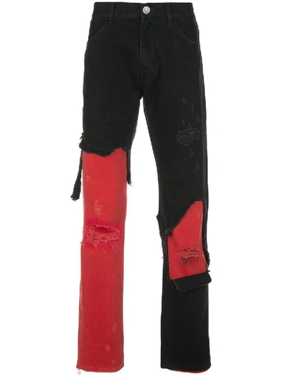 Shop Raf Simons Destroyed Double Layer Denim Pants Black/red