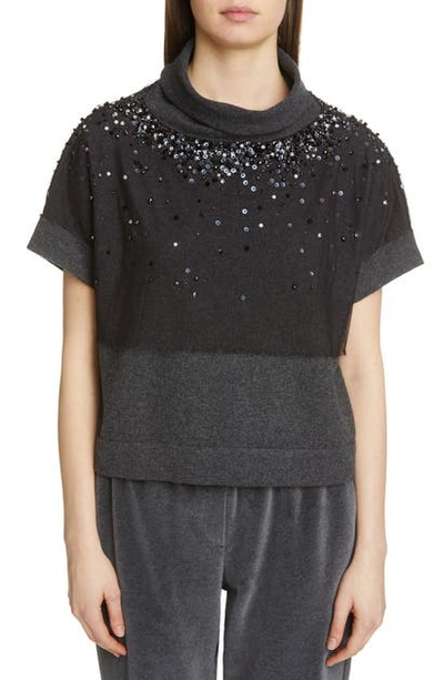 Shop Fabiana Filippi Sequin Embroidered Short Sleeve Cape Top In Graphite