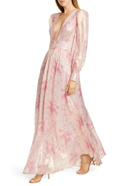 Shop Loveshackfancy Cyrena Metallic Shine Lon Sleeve Maxi Dress In Pale Rose Pink