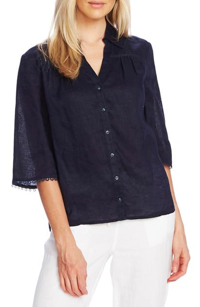 Shop Vince Camuto Crochet Lace Detail Linen Blouse In Dark Navy