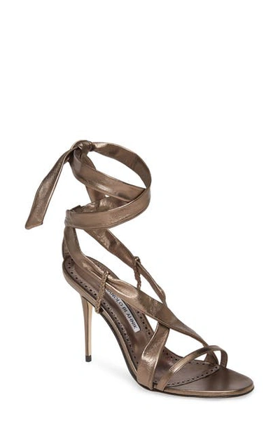 Shop Manolo Blahnik Tor Metallic Ankle Wrap Sandal In Steel