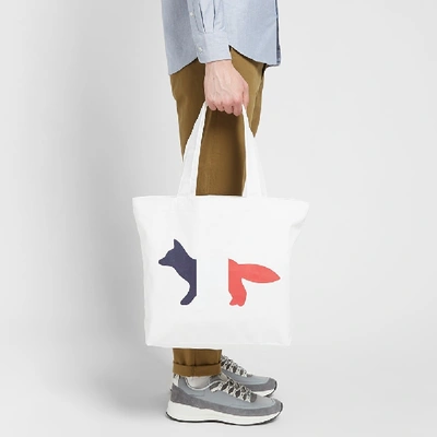 Shop Maison Kitsuné Tricolour Fox Tote Bag In White