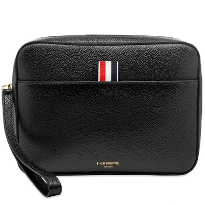 Shop Thom Browne Leather Pouch Bag With Strap In Black