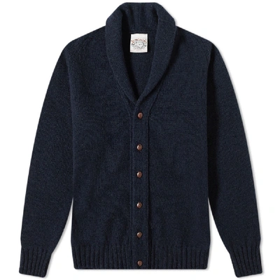 Shop Jamiesons Of Shetland Jamieson's Of Shetland Elbow Patch Shawl Collar Cardigan In Blue