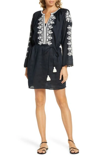 Shop Tory Burch Embroidered Linen Cover-up Tunic In Black