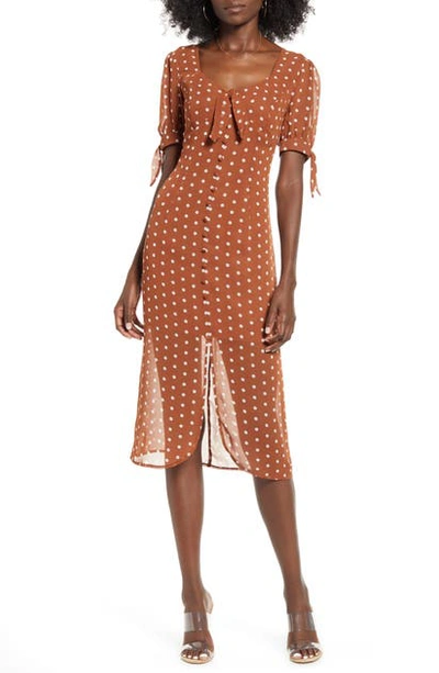 Shop Joa Polka Dot Front Button Midi Dress In Brown Dot