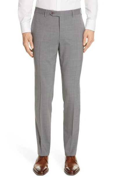 Shop Canali Flat Front Classic Fit Solid Stretch Wool Dress Pants In Grey