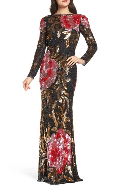 Shop Mac Duggal Drape Back Floral Sequin Gown In Black/ Red Multi