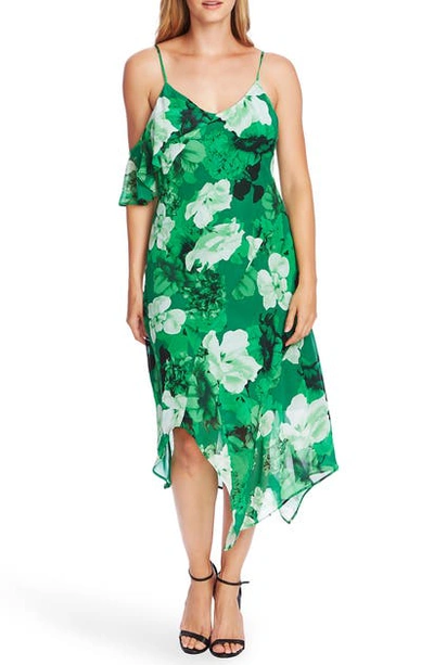 Shop Vince Camuto Melody Floral Asymmetrical Midi Dress In Deep Emerald