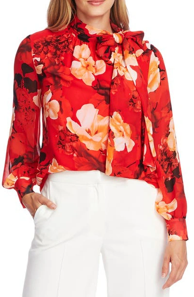 Shop Vince Camuto Melody Floral Tie Neck Long Sleeve Chiffon Blouse In Fiesta