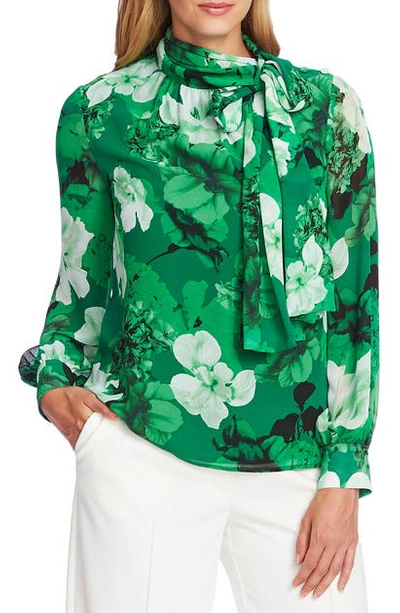 Shop Vince Camuto Melody Floral Tie Neck Long Sleeve Chiffon Blouse In Deep Emerald