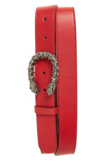 Shop Gucci Crystal Leather Belt In Dusty Grey/ Black Diamond