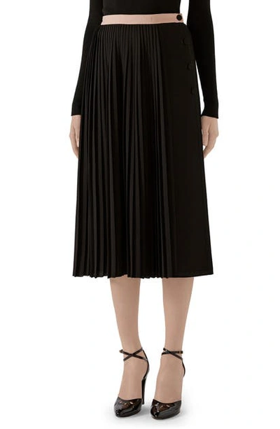 Shop Gucci Logo Waist Pleated Wool Crepe Midi Skirt In Black/ Mix