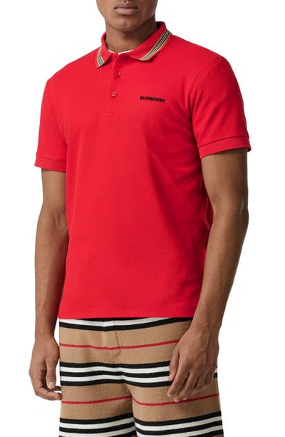 Shop Burberry Johnston Icon Stripe Collar Slim Fit Pique Polo In Bright Red