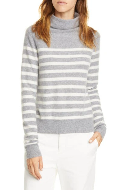 Shop Vince Breton Stripe Turtleneck Cashmere Sweater In Medium Heather Grey/ Off White