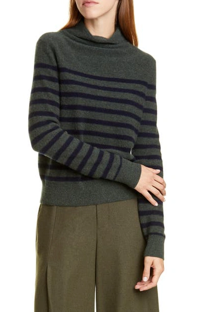 Shop Vince Breton Stripe Turtleneck Cashmere Sweater In Heather Moss/ Coastal