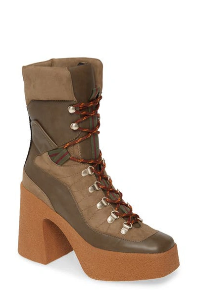 Shop Stella Mccartney Lace-up Platform Bootie In Khaki Green Suede