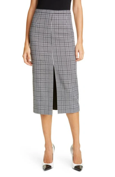 Shop Michael Kors Slit Plaid Wool Pencil Skirt In Black/ White