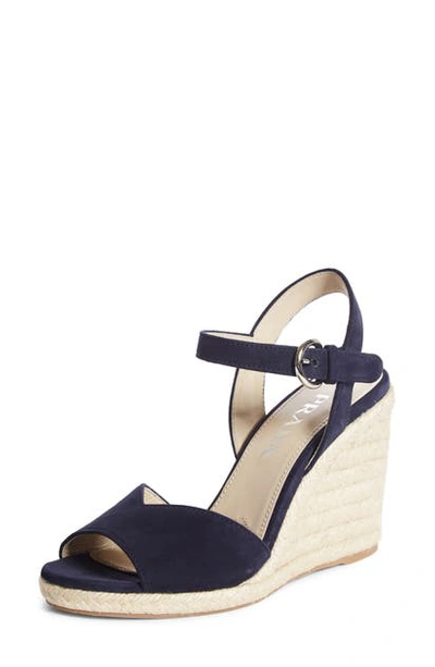 Shop Prada Raffia Wedge Sandal In Blue Suede