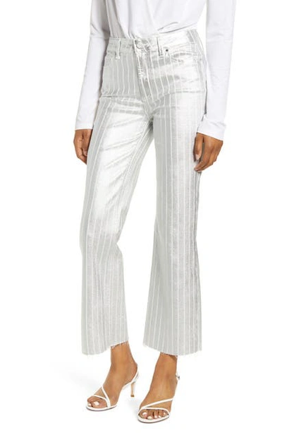Shop Paige Atley High Waist Raw Hem Ankle Flare Jeans In Silver Coated Stripe