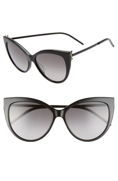 Shop Saint Laurent 56mm Cat Eye Sunglasses In Shiny Black/ Smoke Gradient