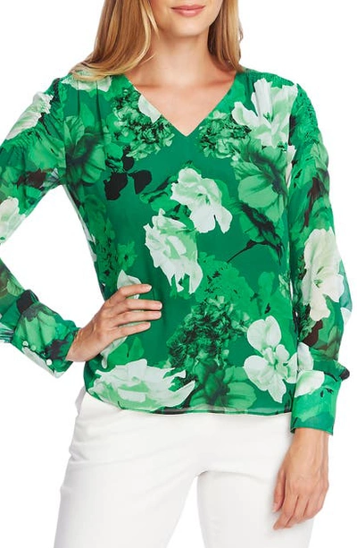 Shop Vince Camuto Watercolor Melody Smocked Shoulder Floral Print Top In Deep Emerald