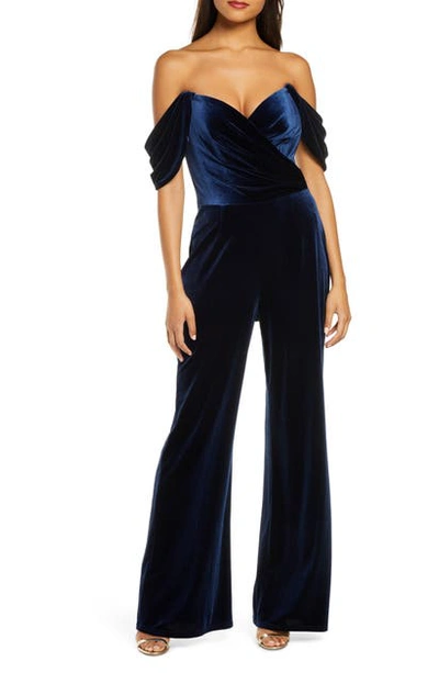 Shop Tadashi Shoji Off The Shoulder Velvet Jumpsuit In Navy