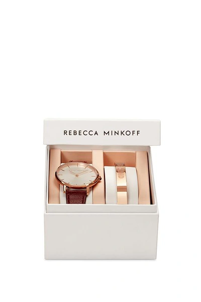 Shop Rebecca Minkoff Major Bordeaux 35mm Watch & Rose Gold Bangle Gift Set In Silver