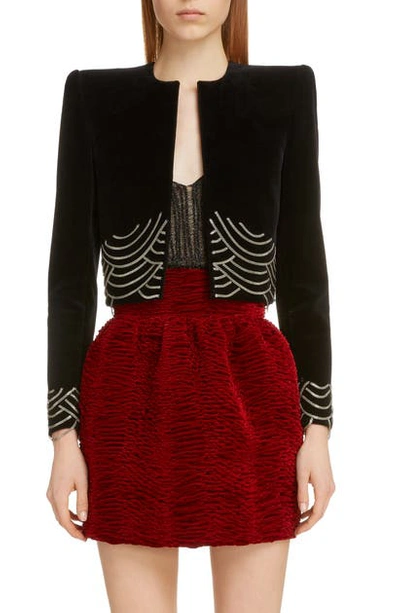 Shop Saint Laurent Chain Detail Velvet Crop Jacket In Noir