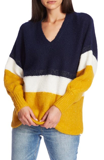 Shop 1.state Stripe V-neck Tunic Sweater In Navy Crush