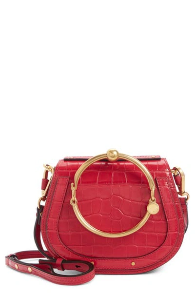 Shop Chloé Nile Bracelet Croc Embossed Leather Crossbody Bag In Crimson Pink