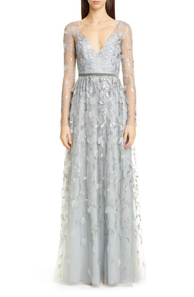 Shop Marchesa Notte Leaf Embroidered Long Sleeve Tulle Gown In Silver