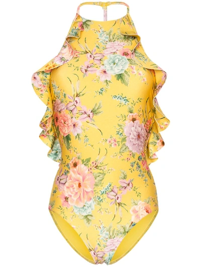 Shop Zimmermann Halterneck Ruffled Floral Swimsuit In Yellow