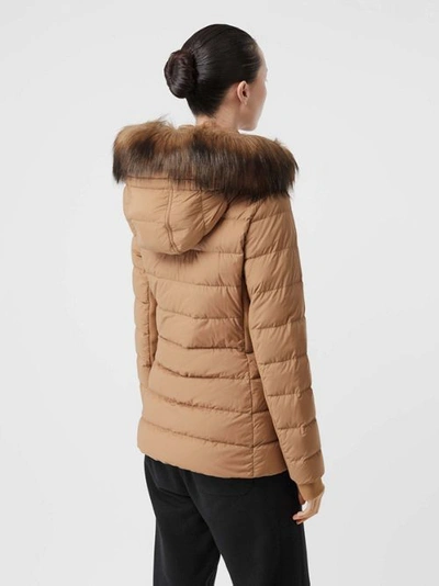 Shop Burberry Faux Fur Trim Detachable Hood Puffer Jacket In Soft Camel