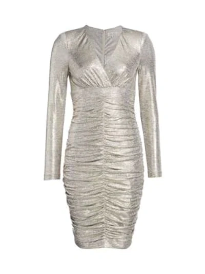 Shop Teri Jon By Rickie Freeman Ruched Long-sleeve Metallic Sheath Dress In Gold