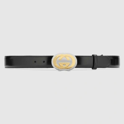 Shop Gucci Leather Belt With Interlocking G Buckle In Black