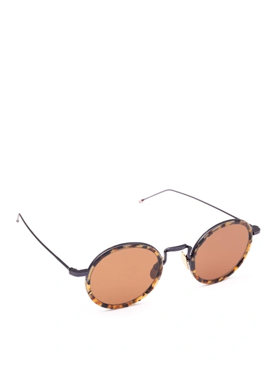 Shop Thom Browne Tortoise Frame Titanium Round Sunglasses In Brown