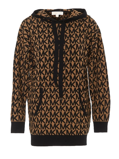 Shop Michael Kors Jacquard Logo Knitted Hoodie In Brown