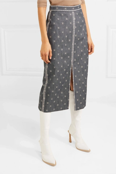 Shop Fendi Embroidered Denim Midi Skirt In Blue