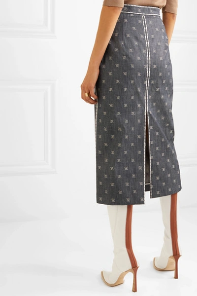 Shop Fendi Embroidered Denim Midi Skirt In Blue