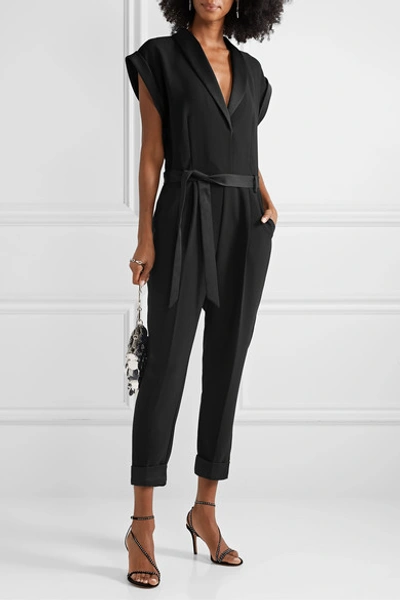 Shop Frame Tux Belted Satin-trimmed Crepe Jumpsuit In Black