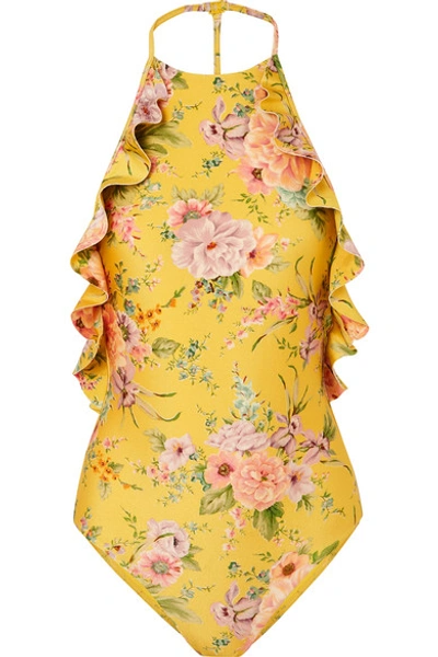 Shop Zimmermann Zinnia Ruffled Floral-print Swimsuit In Yellow