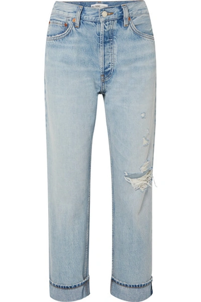 Shop Re/done 90s Loose Straight Cropped Distressed Mid-rise Jeans In Light Denim