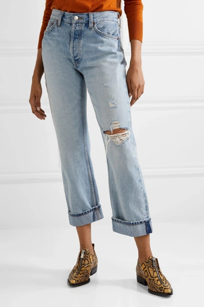 Shop Re/done 90s Loose Straight Cropped Distressed Mid-rise Jeans In Light Denim