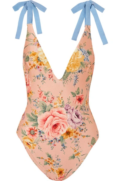 Shop Zimmermann Zinnia Bow-detailed Grosgrain And Floral-print Swimsuit In Pastel Orange